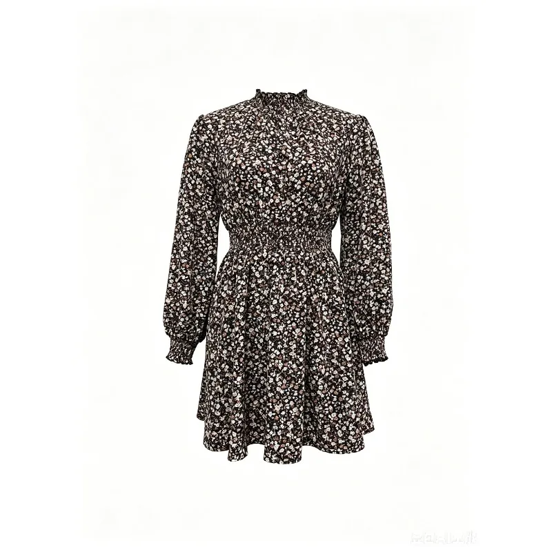 Women Long Sleeve Ditsy Floral Mini Dress Ruffled High Neck Elastic Waist A Line Short Dress Vintage Casual Daily Party Dress - view 6