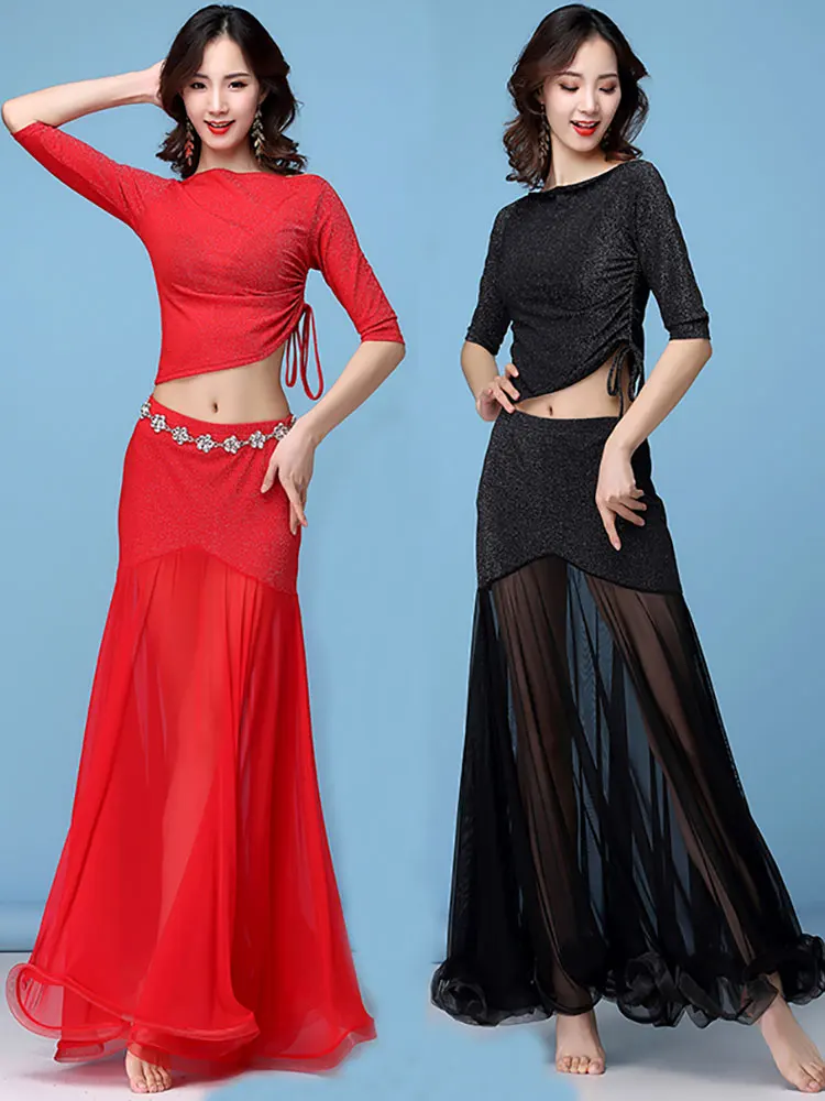

2PCS Women Sexy Oriental Belly Dance Set Tops with Skirt Lady Stage Performance Costumes Suits Female Practice Wear Outfit