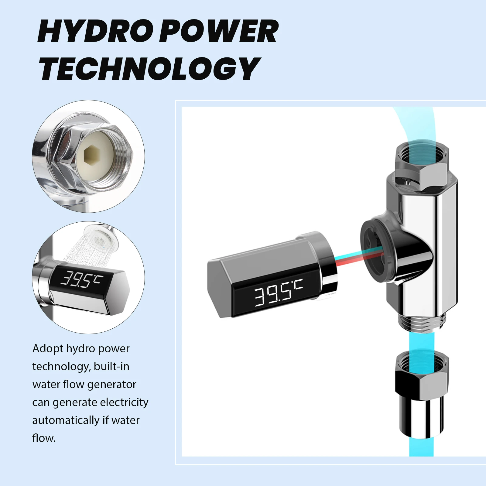 

Silver LED Digital Water Thermometer Free Shower Temperature Display Accurate Real Time Monitor Standard Nut Easy