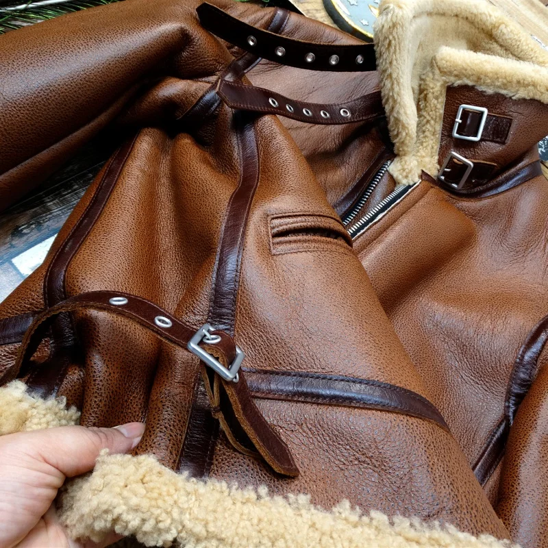 

Новая модная мужская меховая куртка 2025 года на осень и зиму на толстой шерстяной подкладке с коричневым японским мотоциклетным стилем в стиле ретро