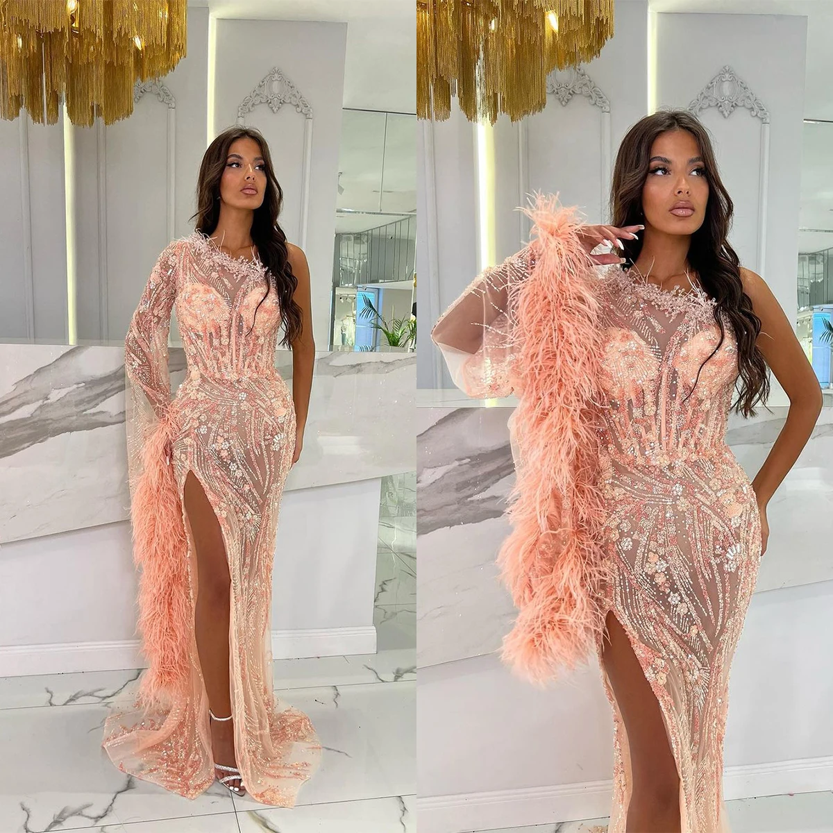 

Charming Mermaid Prom Dresses One Shoulder Feather Sequins Evening Gowns Side Split Custom Made Robe De Soirée