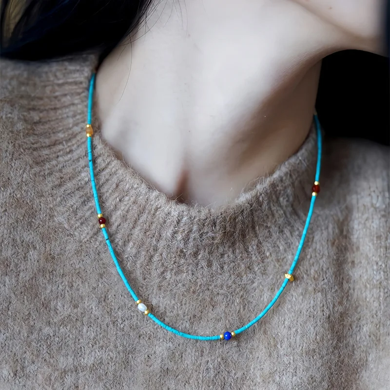 

Винтажное ожерелье из натурального бирюзового бисера, женское классическое ювелирное изделие ручной работы для отдыха, аксессуары