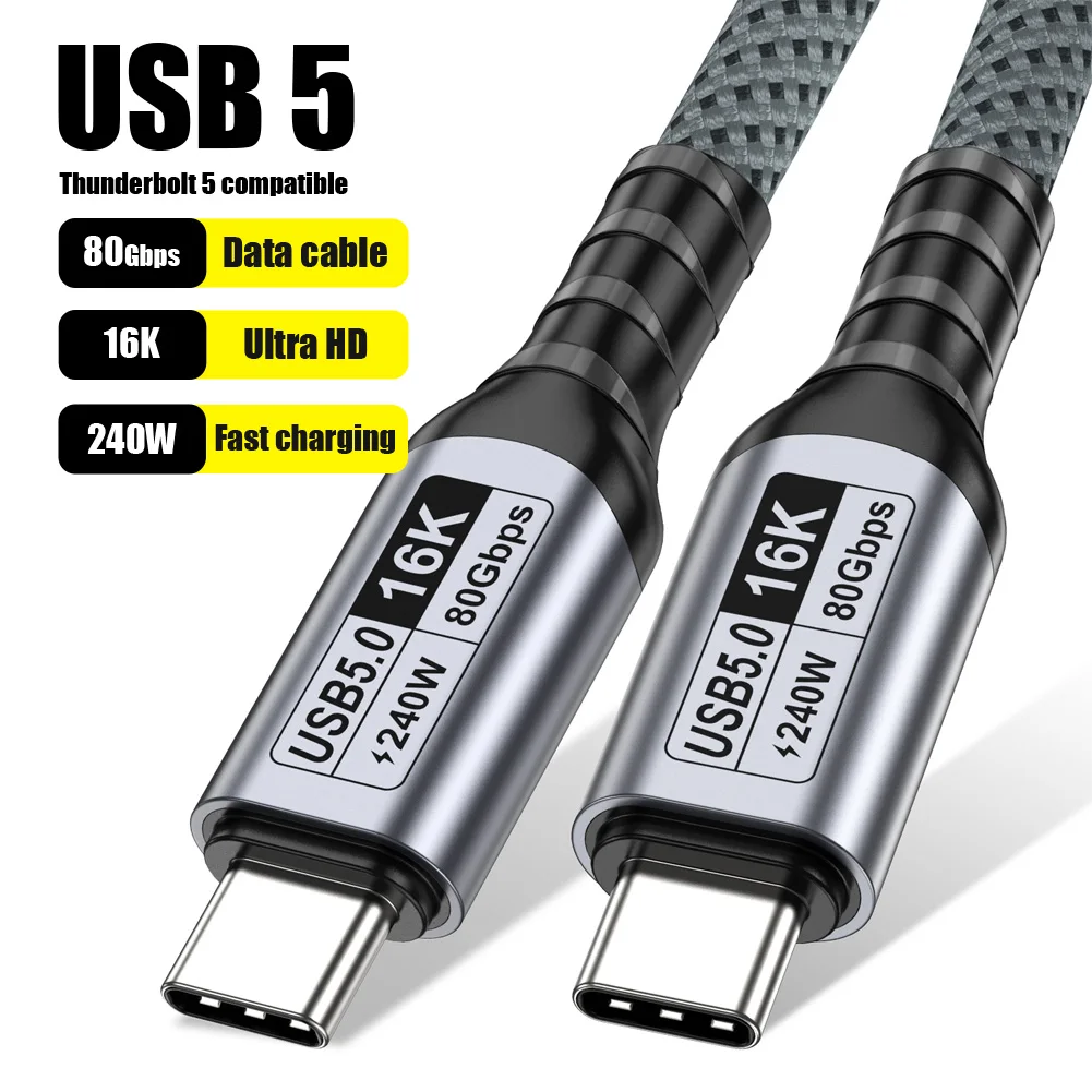 USB5 80Gbps USB-C Cable Thunderbolt 5 4 16K Video Cable 240W Fast Charger For IPhone17 16 15 Macbook Laptop Hard Disk Data Cable