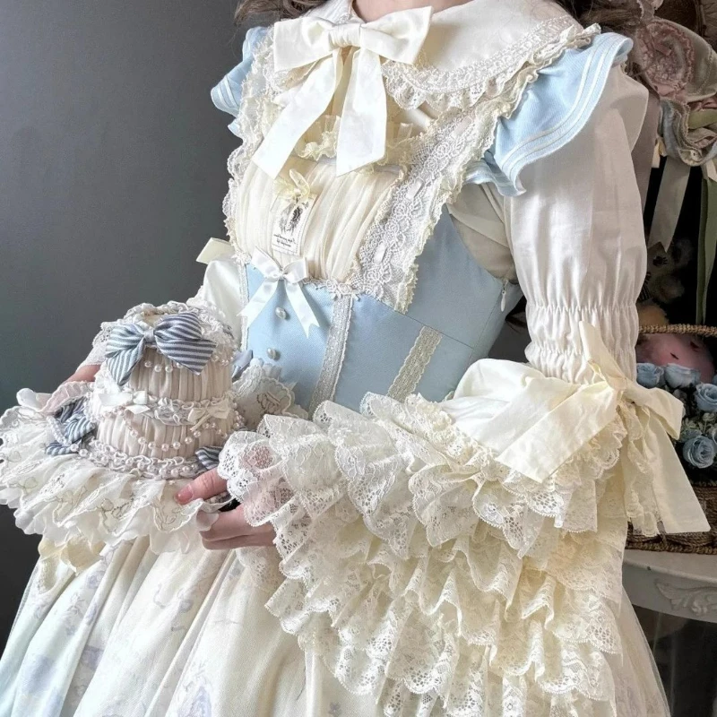 Victorian Elegant Sweet Lolita Blouses Japanese Women Lace Ruffle Bow Flare Sleeve Shirt Vintage Gothic Y2k Peter Pan Collar Top