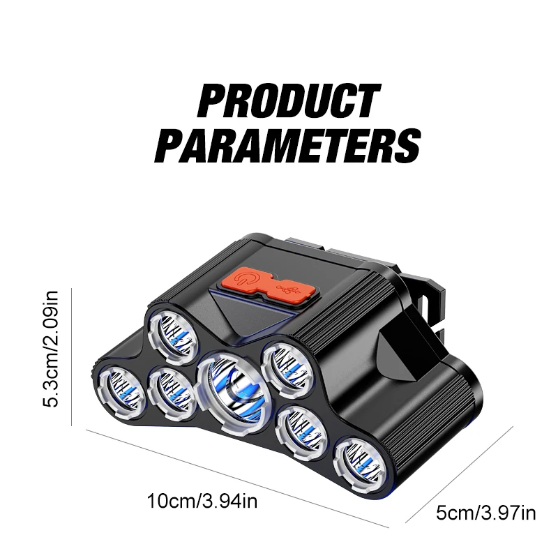 7LED lamp bead head-mounted headlight with adjustable light angle supports Micro USB charging in various working environments.