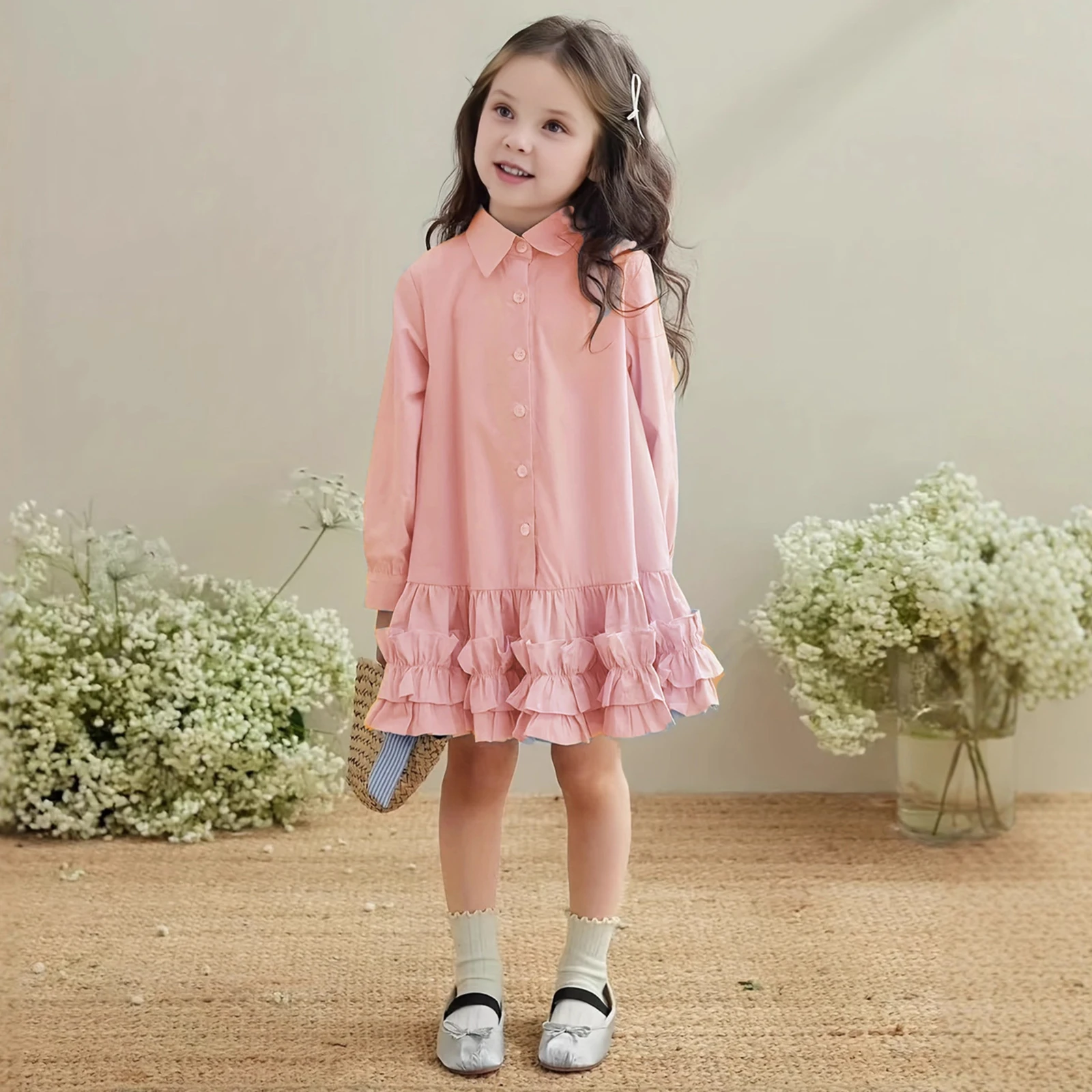 2-10y Girls' Fashion Shirt Dress Long-sleeved Party Cute Tiered Skirt Solid Color Dress Loose Single-breasted Kids Clothes