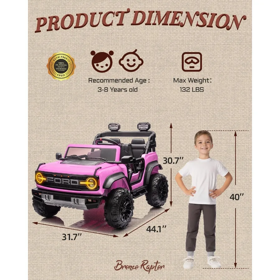 24V Ride on Toys for Big Kids, Licensed Ford Bronco Raptor 2 Seater Ride on Cars with Remote Control, Ride on Truck w/ 4-Wheeler