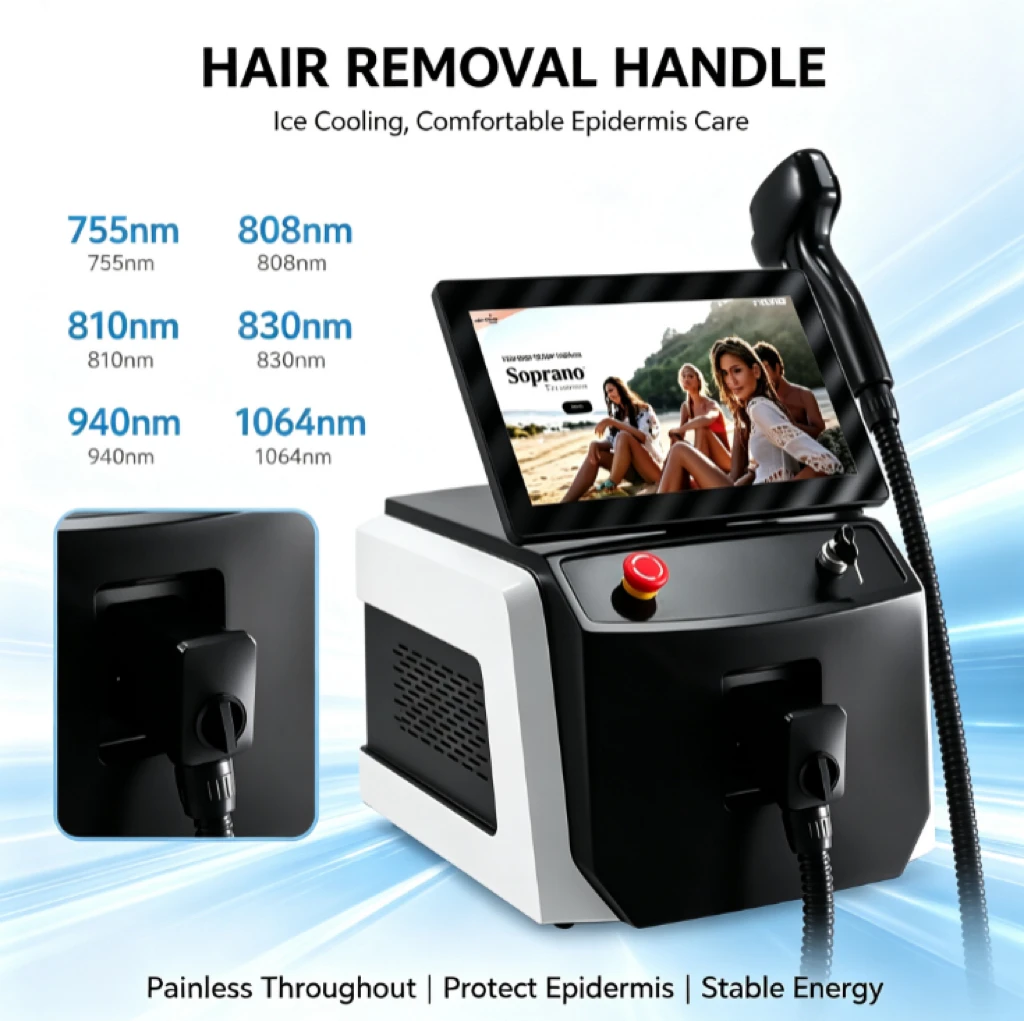 Mecavie 6 Wavelength Diode Laser Hair Removal Machine 5000W 10 Bars FAC Sapphire Cooling Emergency Stop Multilingual Touch Scree