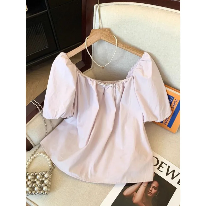 Summer New Solid Color Square Collar Pleated Spliced Bow Pan Button Fashion Sweet Slim Puff Sleeve Women\'s Chiffon Shirt Blouse