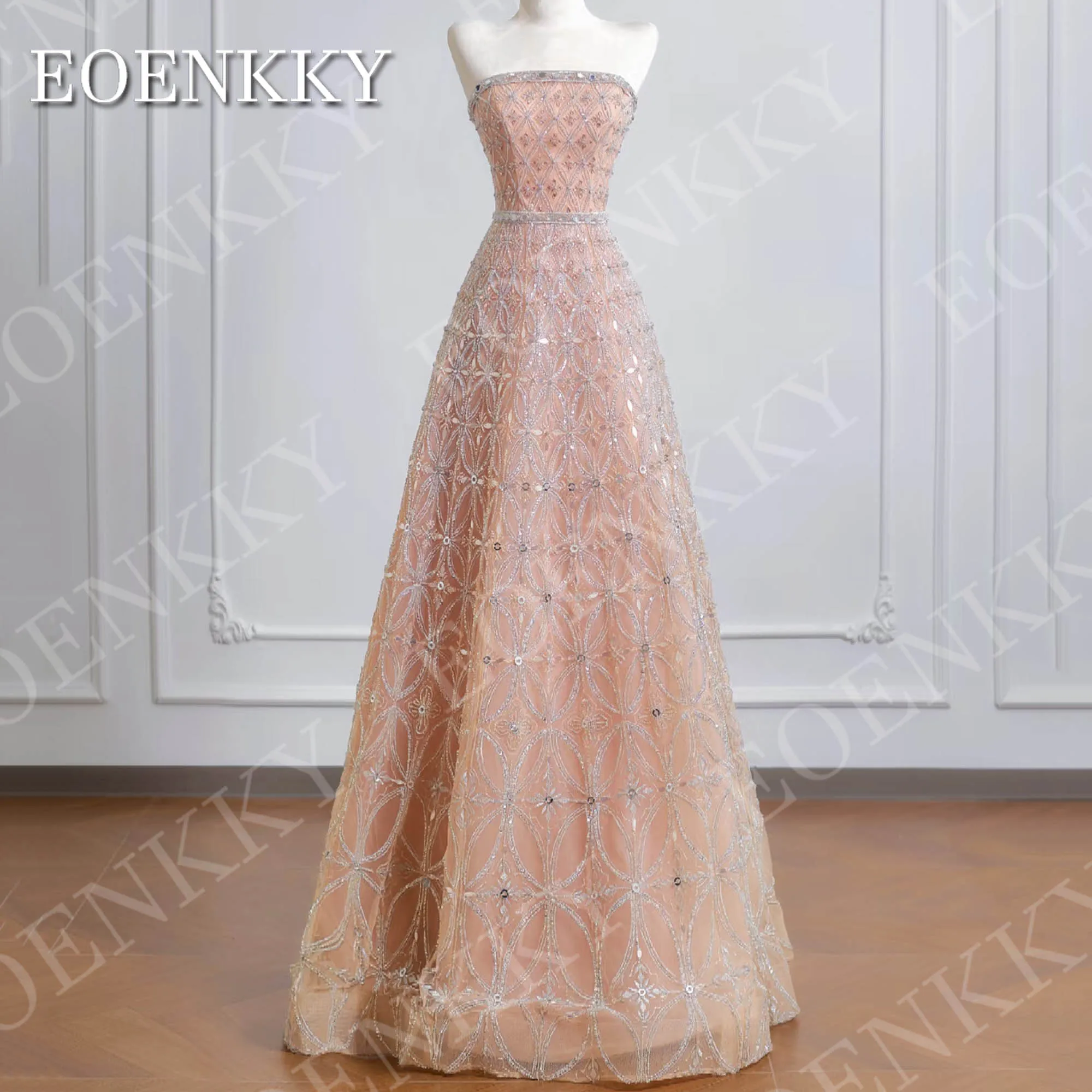 

EOENKKY Customized Evening Dress Formal Prom Woman Luxury Glitter Strapless A Line Party Dresses فساتين سهره نسائيه فخمة براندات