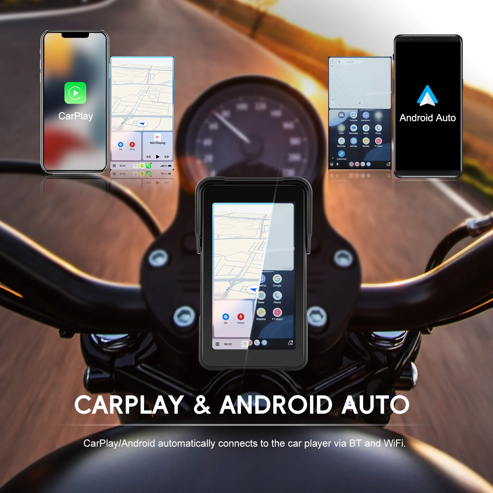 Podofo 5-Zoll-Vertikalbildschirm, intelligentes Motorrad-Display, kabelloses Carplay, Android-Auto-Navigation, IP68, wasserdicht, BT, Helligkeitseinstellung, Motorrad-Monitor, 12 V, mehrere Sprachen, tragbarer Monitor, Smart Player – Detail 1