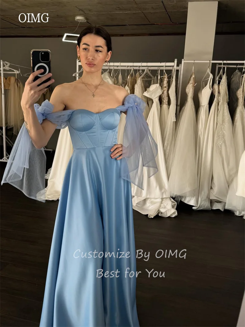 

OIMG Blue Sweetheart Neck A Line Prom Gowns Mesh Off The Shoulder Formal Party Gown Floor Length Evening Dress Customized