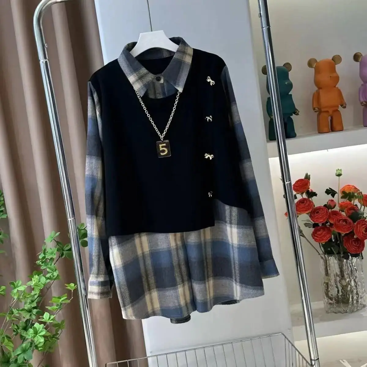 Spring Autumn Plaid Fake Two Piece Shirt Loose Versatile Midi Length Casual Lapel Top Women's Sweet Bow Long Sleeved Blouse