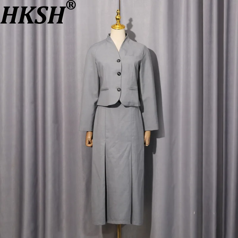 

HKSH Spring Autumn New Women's Two-piece Set V-neck Single Breasted Short Jacket Solid Color Skirt High-End Slim Fit Ins HK14190