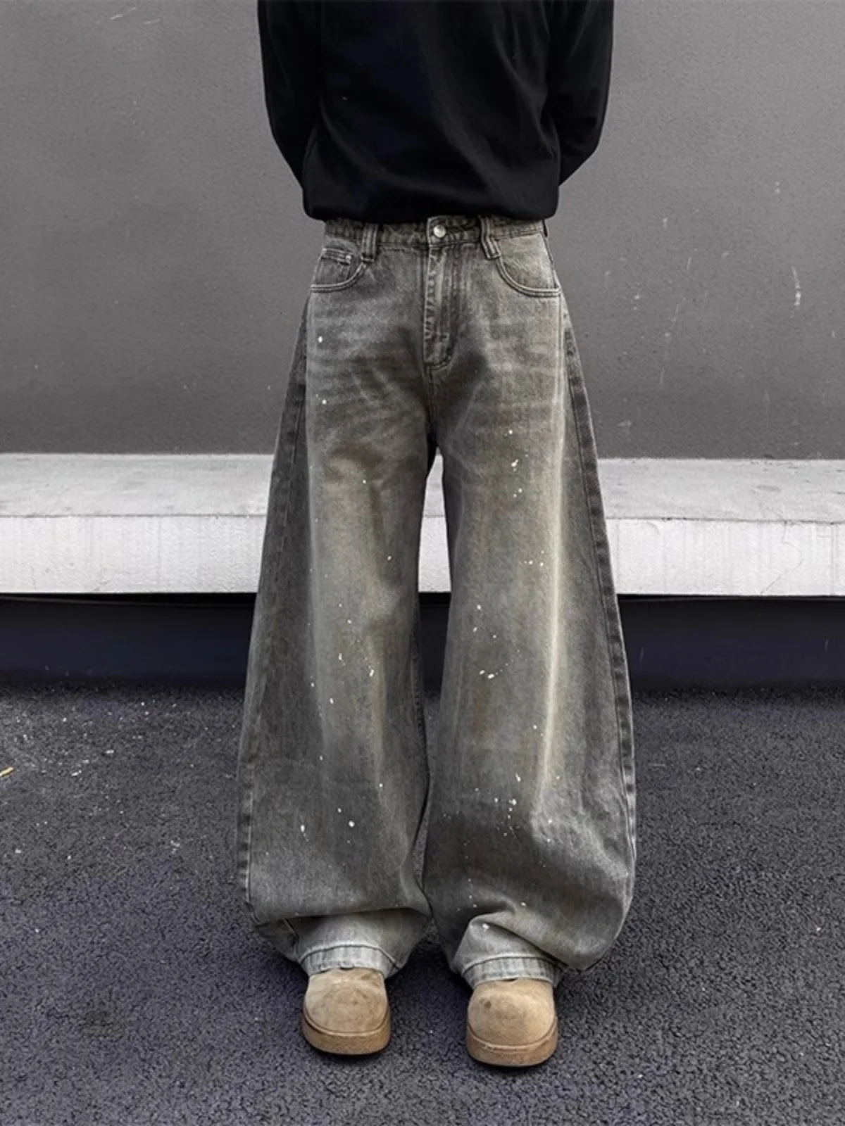 Retro American Distred Splaed Ink Baggy Jeans Loose Casual Men's Jeans Lazy Couple's Casual Pants Trendy Straight Leg Jeans