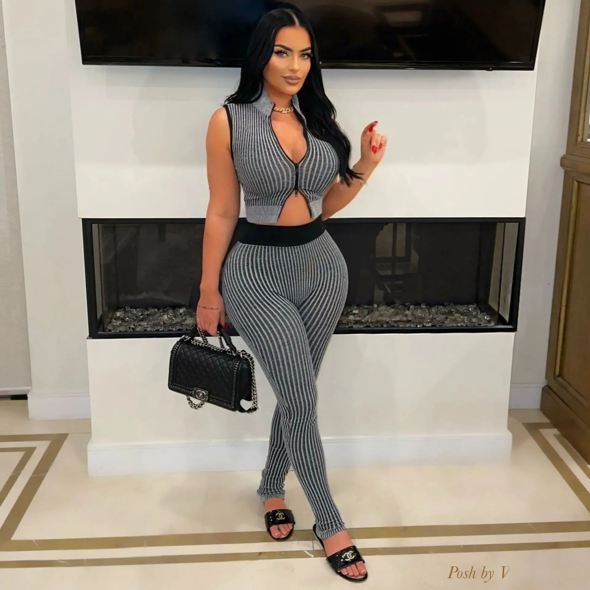 STYLISH LADY Sexy Ribbed Striped Two Piece Set Sleeveless Zip Front Crop Top High Waist Pants 2026 Women Casual Lounge Outfits