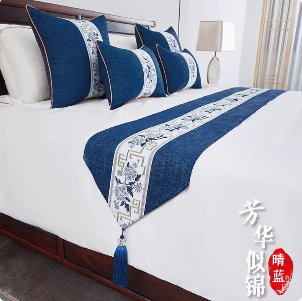 High-end New Chinese-style Hotel and Guesthouse Bedding Items Bed End Towels Bed Runners cotton and linen Bed Covers