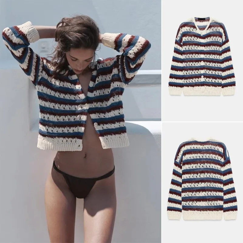 Color Block Striped Hollow Knit Cardigan Round Neck Button Front Fashion Contrast Color Versatile Sweater Coat Spring Outerwear