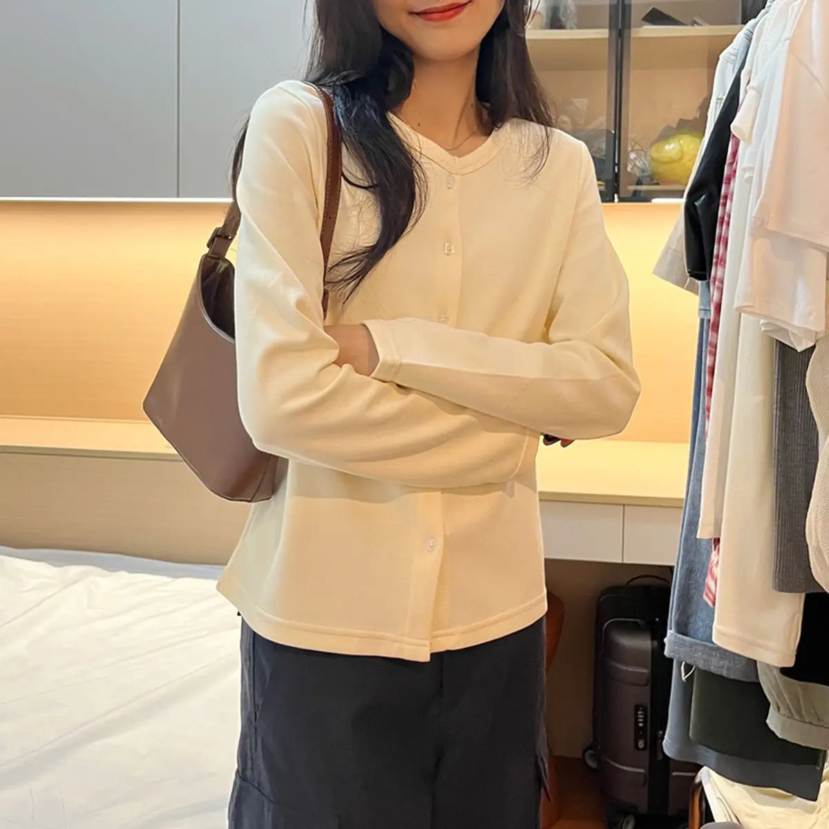 Simple Single-Button Open Cardigan Loose Long Sleeve round Neck Casual Outerwear Women's Early Spring Autumn Korean Style Jacket