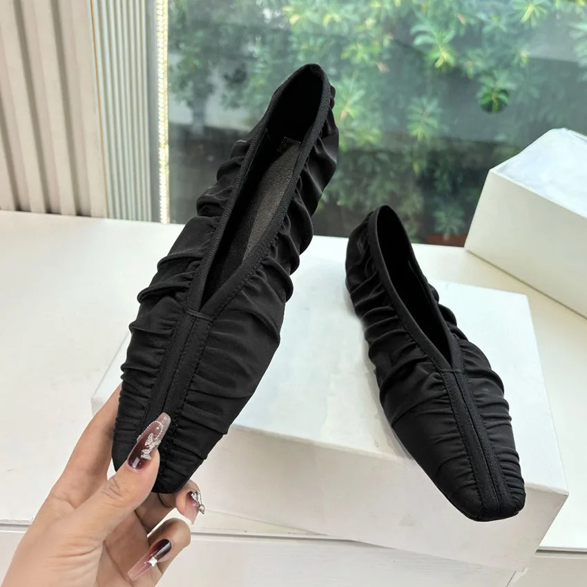 

Square Toe Flat Loafers for Women Slip On Satin Pleated Runway Ladies Causal Shoes 2025 Spring Summer Lazy Shoes Women Mujer