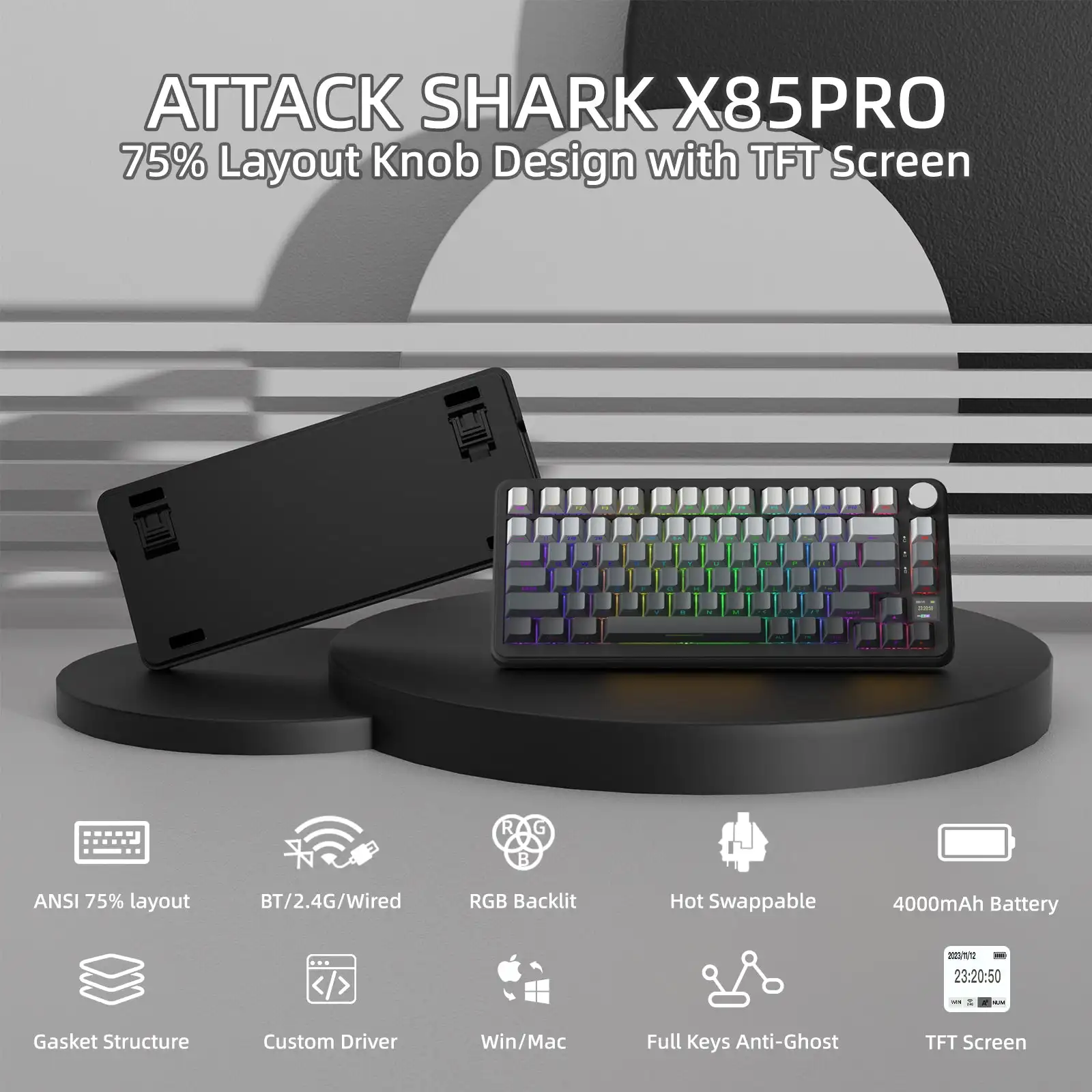 Attack Shark X85PRO 75% Tri Mode Mechanical Keyboard Smart Color Screen 4000mAh Large Battery Gasket Mount Full Key HotSwap RGB