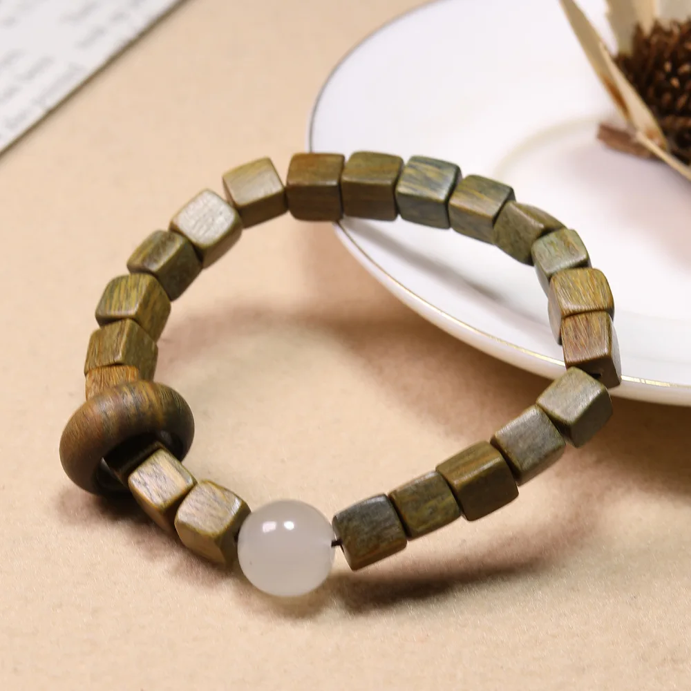 

Argentine Green Sandalwood Square Bead Bracelet: DIY Rotating Ring, Luminous Stone, Unisex Ancient-Style Prayer Beads Gift