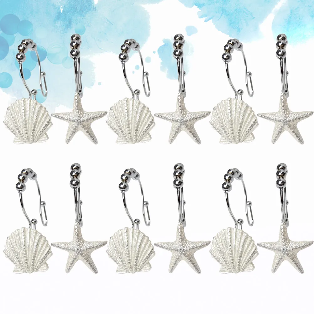 Ocean Shower Curtain Hooks 12Pcs Stainless Steel Rust Resistant Seashell Bathroom Rings Easy Install