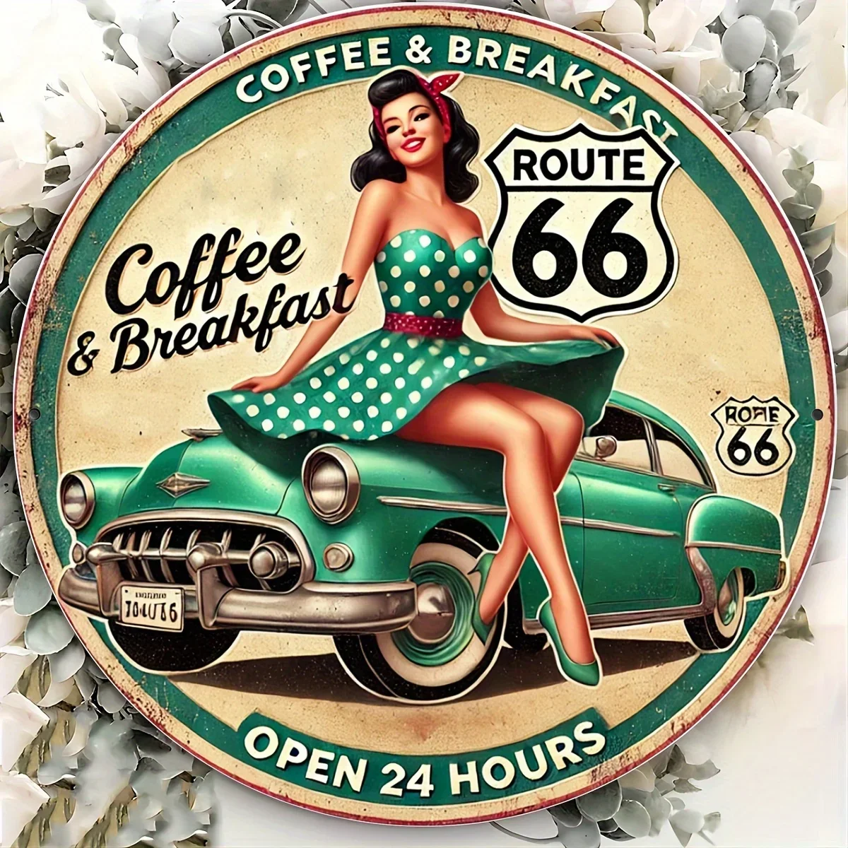 2D Flat Round Tin Sign 1pc 7.87x7.87 inch Route 66 Pinup Girl Coffee Breakfast Vintage Metal Wall Plaque Cafe Decor