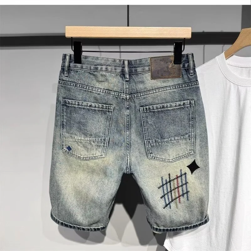 

Японские джинсовые орты в стиле ретро с вышитыми отверстиями, мужские модные свободные прямые летние тонкие повседневные орты с пятью точками и средними брюками