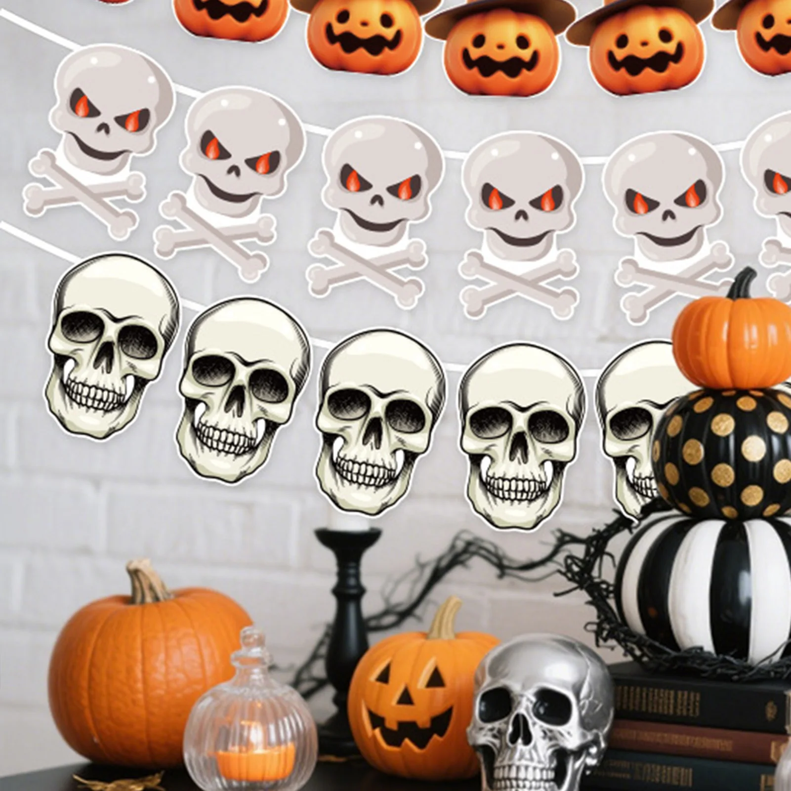 

2025 Halloween Decoration Banners Skull Pumpkin Ghost Element Bunting For Wall Window Door Fireplace Halloween Party Decor Props