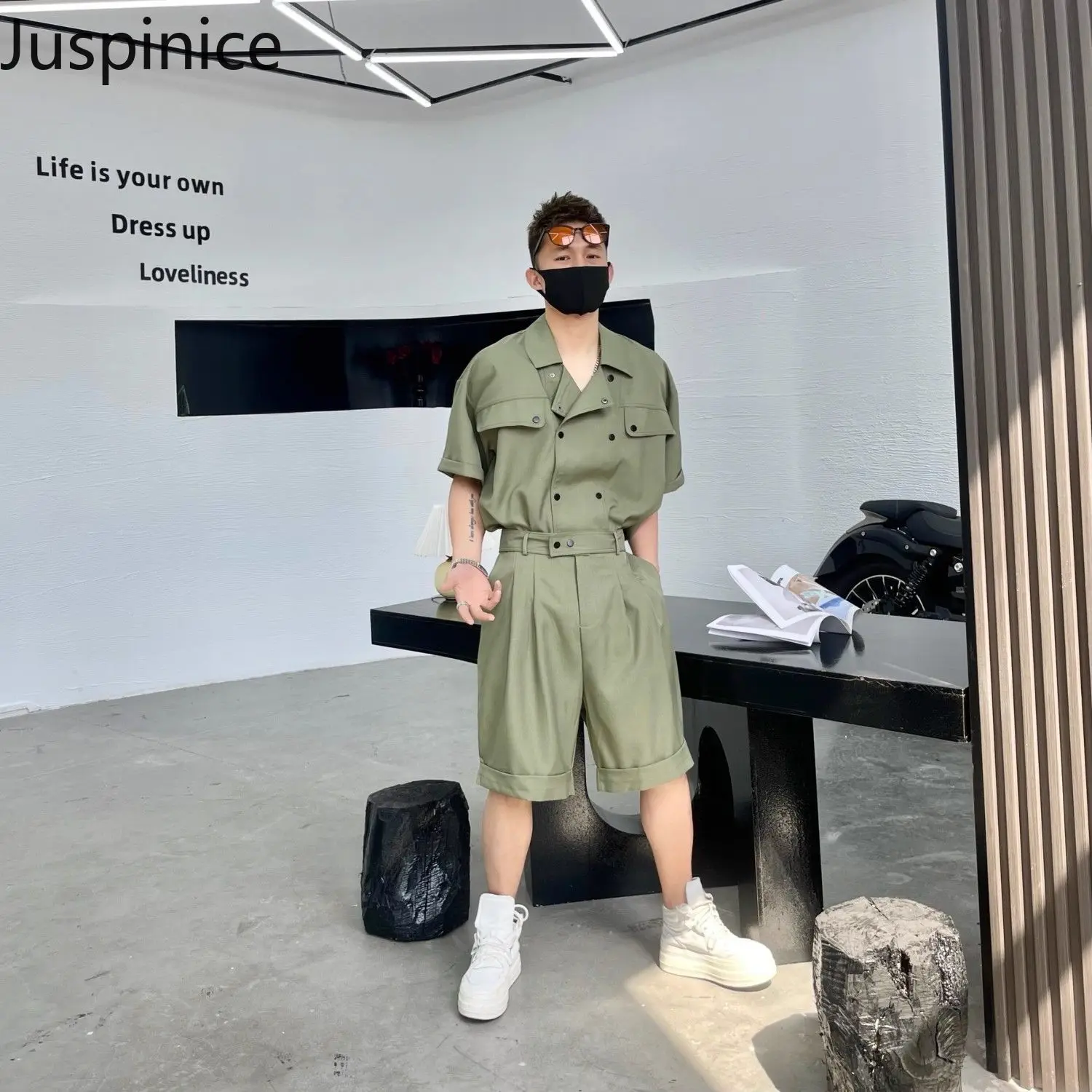 

Summer Double-breasted Workwear Shirt Five-quarter Pants Suit Men Loose Casual Straight Hip-hop Hip-hop Pants Tops Male Clothes