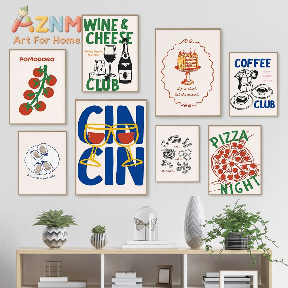 Fun Color Retro Kitchen Food Wall Art Prints Trendy Aesthetic Poster Pasta Club Pizza Night Murals Wine Coffee Club Room Decor
