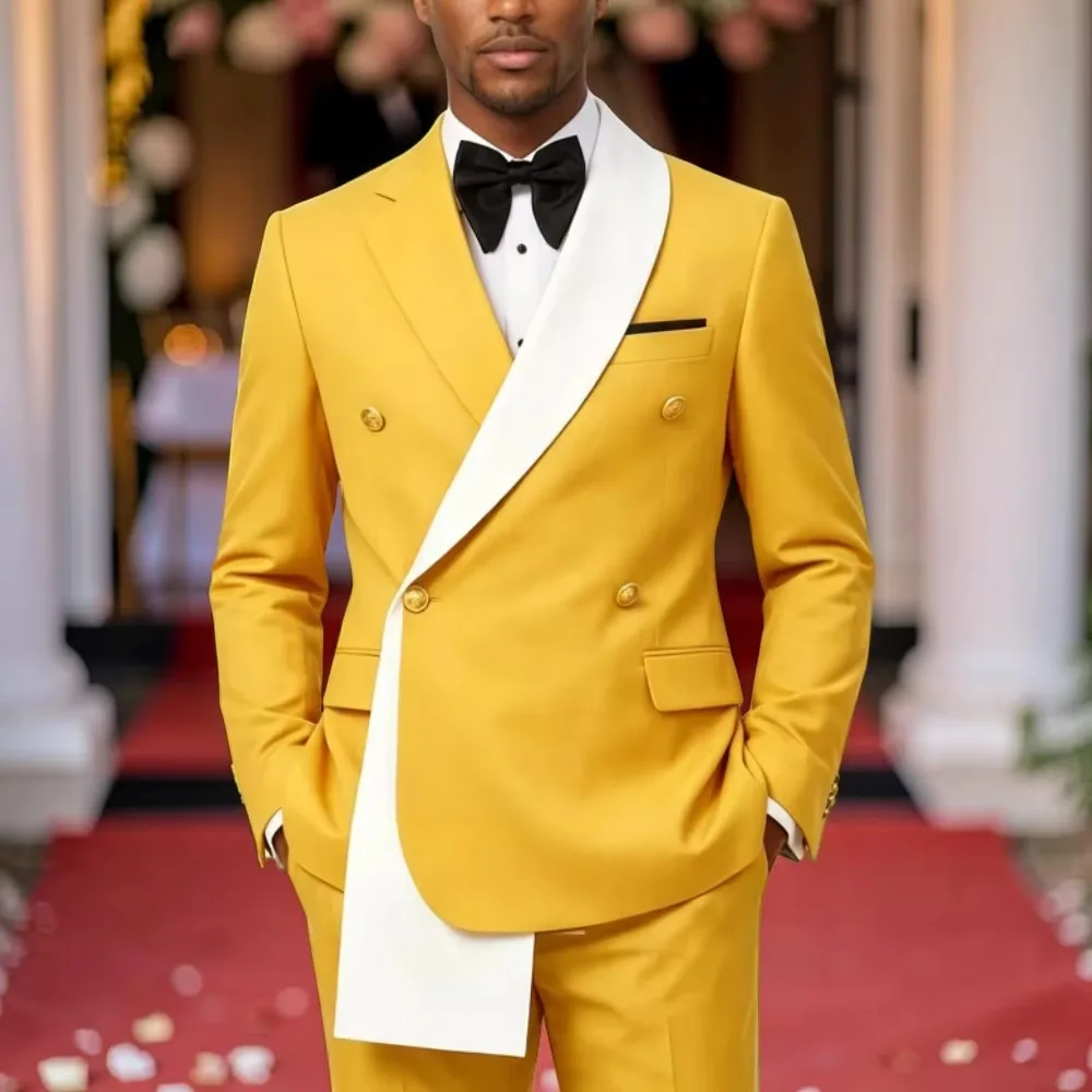 Double Breasted Men Wedding Suits 2 Pieces Asymmetric Neck Slim Fit Blazer Set for Groom Guest Party Prom (Jacket+Pants)
