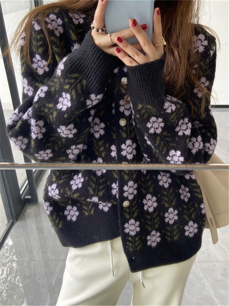 Colorfaith SWC9183JX New 2023 Vintage Wild Floral Korean Fashion Knitting Cardigans Women Autumn Winter Elegant Sweaters Tops