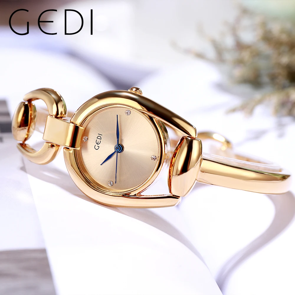 GEDI Luxury Golden Steel Chain Strap Women\'s Quartz Bracelet Watch Small Dial Diamond Minimalist Waterproof Ladies Wristwatch