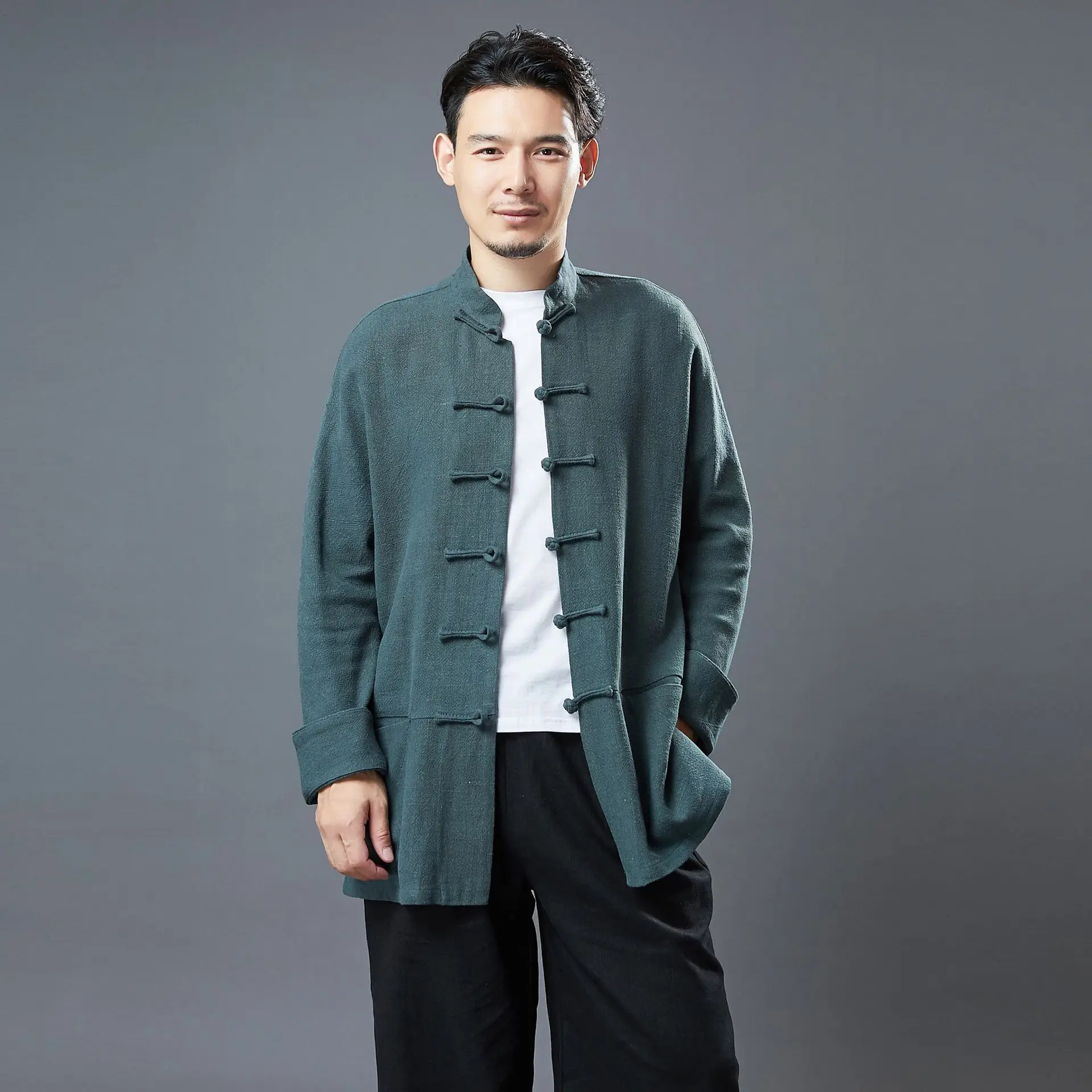 

Autumn Ramie Cardigan Shirt Chinese Style Coat Men's Loose Casual Green Stand Collar Coarse Linen Top
