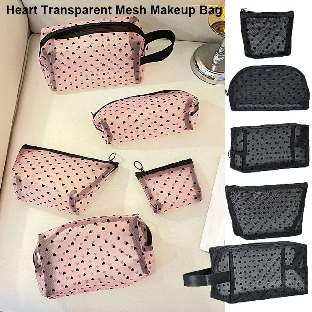 Heart Transparent Mesh Makeup Bag Multifunction Black/Pink Ladies Toiletry Storage Bag Portable Women Cosmetic Storage Pouch