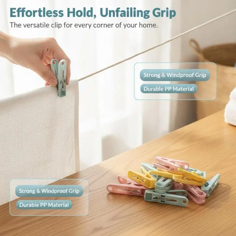 16/20Pcs Colorful Plastic Laundry Clips Windproof Clothes Pegs Photo Paper Fastening Clamp For Household Outdoor Drying Use