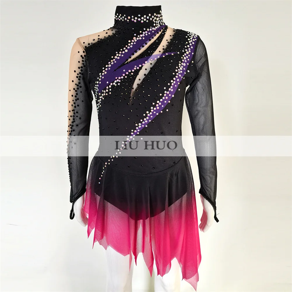 LIUHUO Ice Dance Figure Skating Dress Women Adult Girl Teens Customize Costume Performance Competition Leotard Black Red Roller