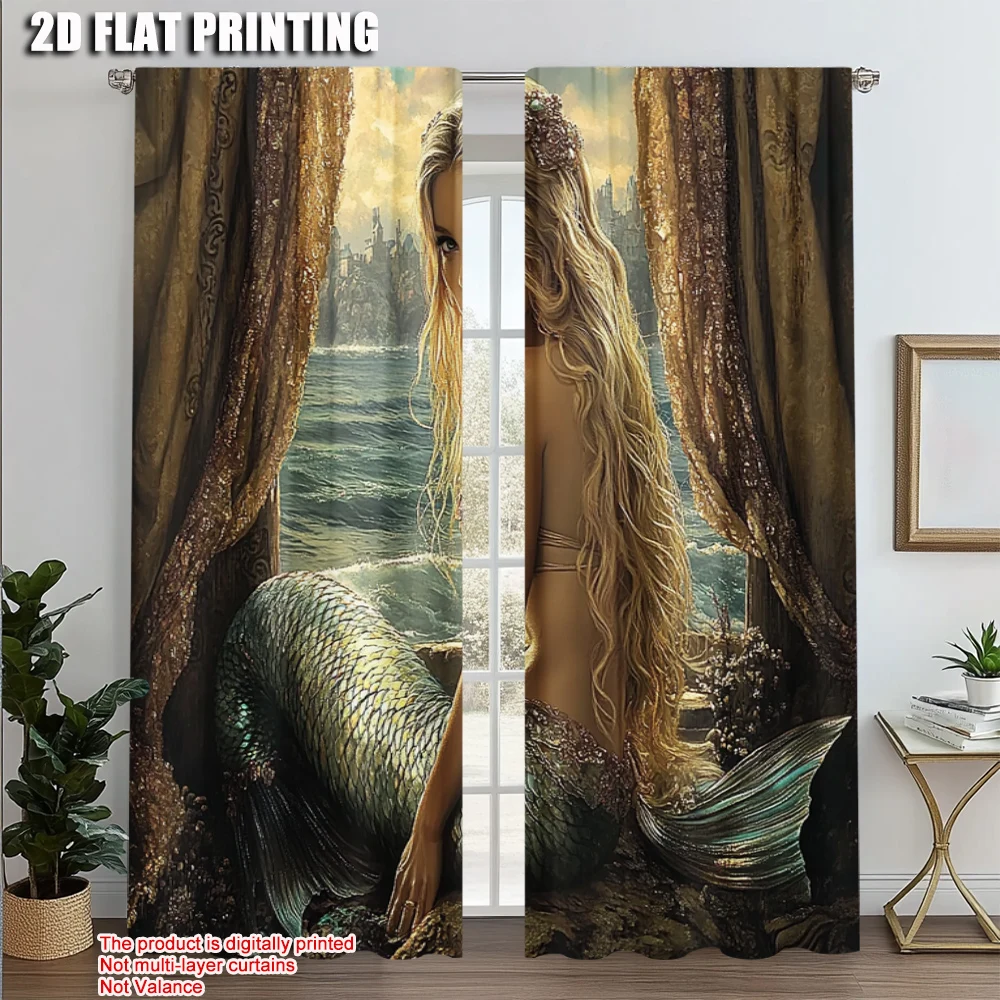 

2pcs, Print Curtains 2D print Vintage Mermaid 1 Versatile Polyester (without rod) Art Deco Festive Ldeal for Kitchen Living Room
