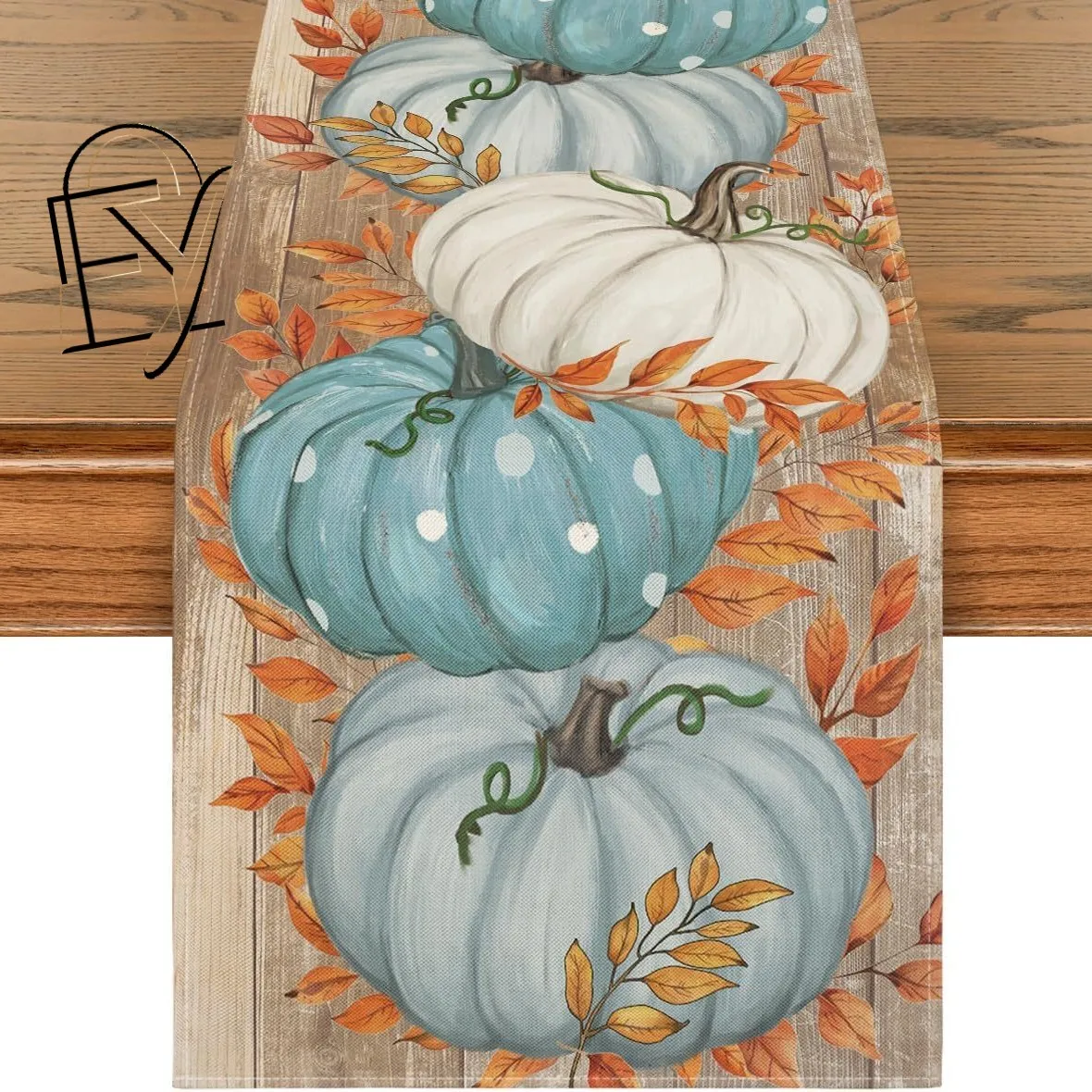 Linen Table Runner Blue  White Pumpkins with Autumn Foliage on Beige Elegant Fall Table Decoration  Thanksgiving