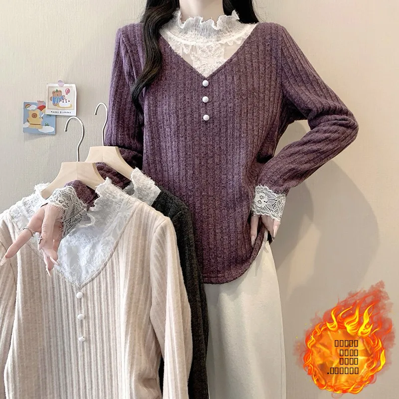 

Женская трикотажная футболка больших размеров на флисовой подкладке, теплая зимняя, длинная, с кружевной отделкой, из смесового полиэстера