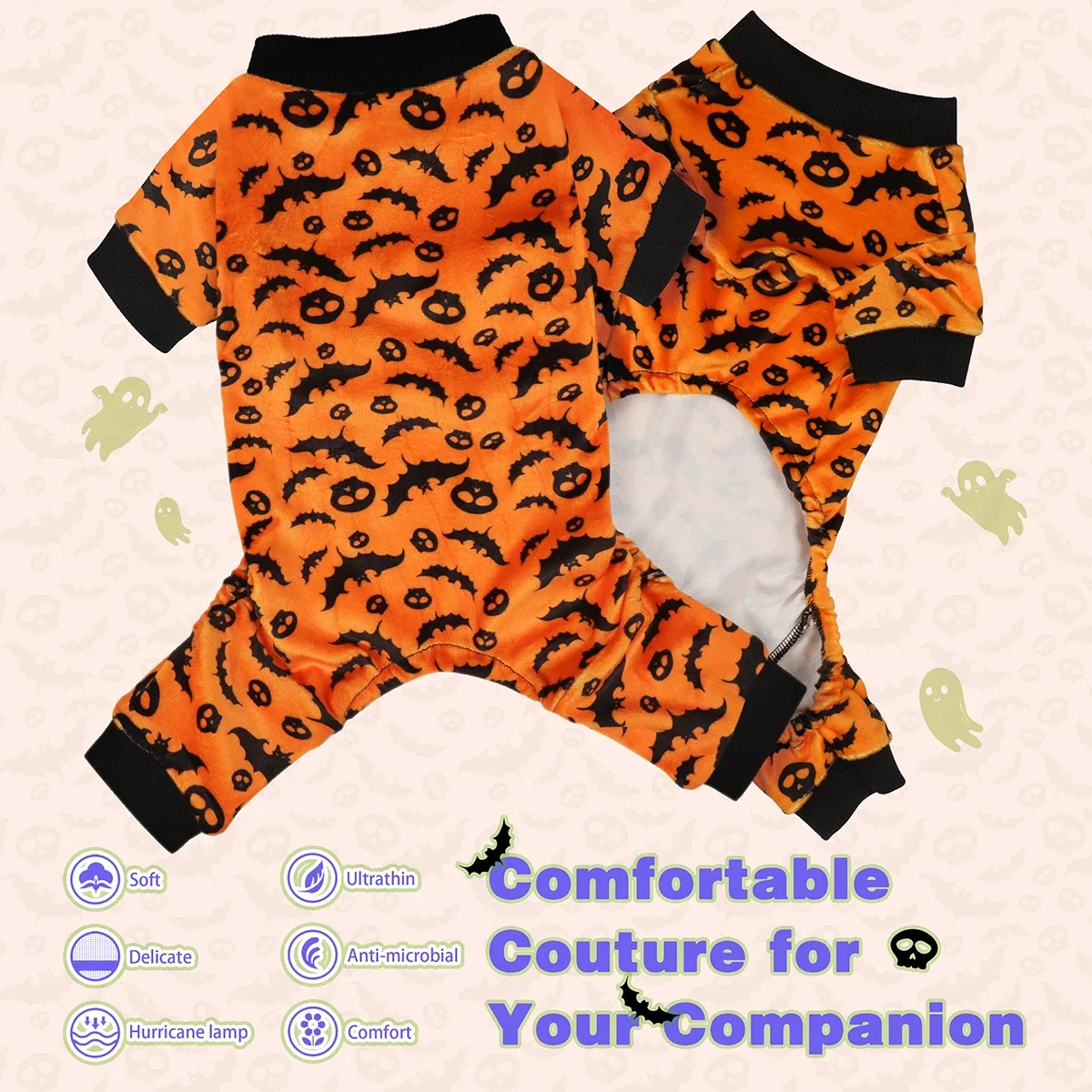 

Mmedium, and large dogs Halloween Dog Pajamas Costume: Four-legged outfit with bat and skull patterns, perfect for small