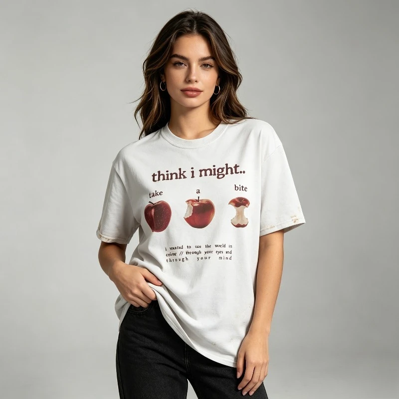 Think I Might Take a Bite T-Shirt Apple Evolution Graphic Print Vintage Casual  Tee Women Fashion Black White