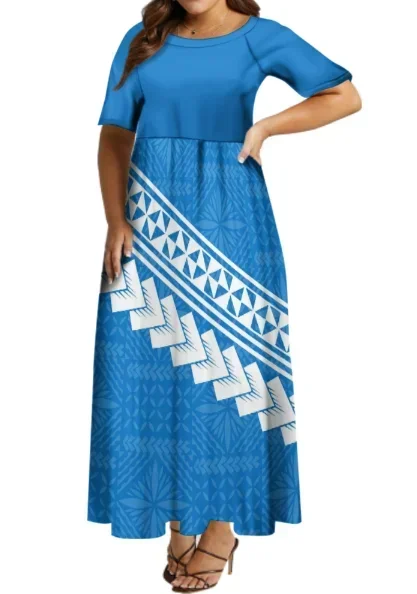 Drop Shipping Wholesale Custom Casual Dress Polynesian Tribal Design Ladies Bell Sleeve Round Neck Loose Dress Samoa Dress