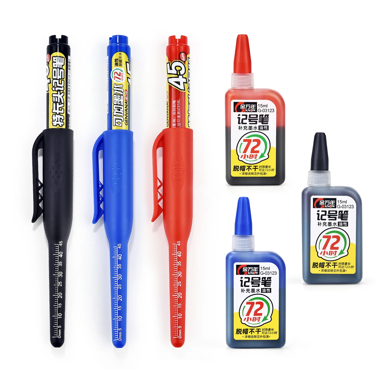 45mm Waterproof Deep Hole Marker Pens Long Nib Head Carpenter Pen Black/Blue/Red Ink For Multi-Purpose Woodworking Hand Tools