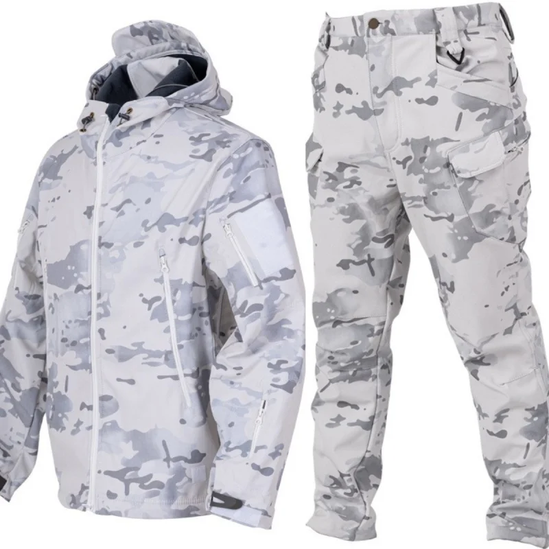 Winter Warmth MCAP All Terrain Snow Camo Softshell Jacket & Pants Suit Tactical Charge Clothes Zipper Hoodie Jacket with Fleece
