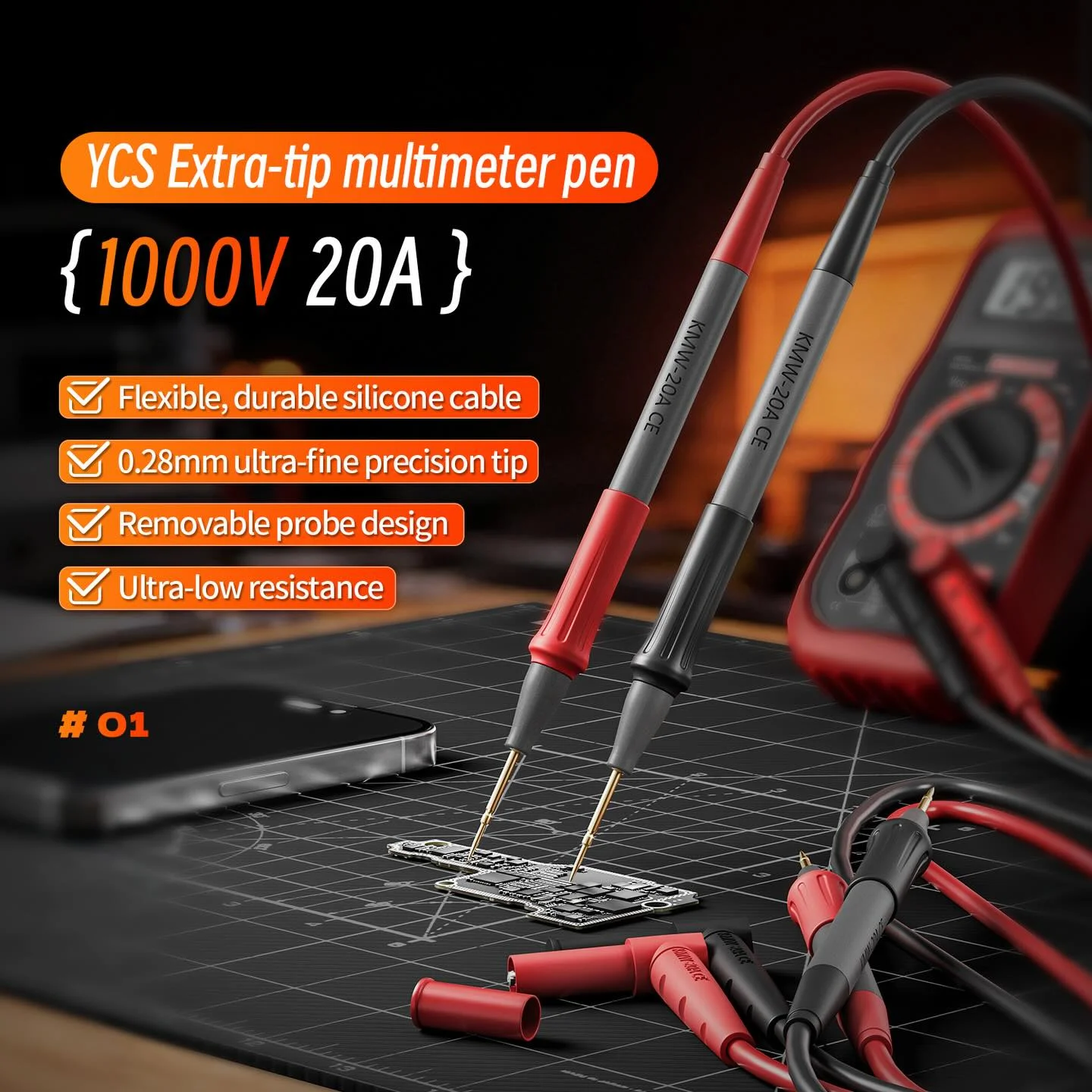 YCS Multimeter Pen 0.028mm-Extra-tip 1000V20A-Flexible Silicone Cable for Digital Current Voltage Probe Needle Tip Testing Pen