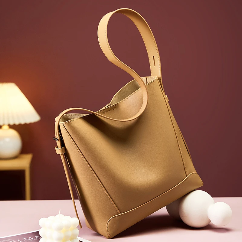 Bolsa de balde de couro de grande capacidade para mulheres, 100% couro genuíno, bolsa de ombro casual com tiracolo, moda feminina, 2391