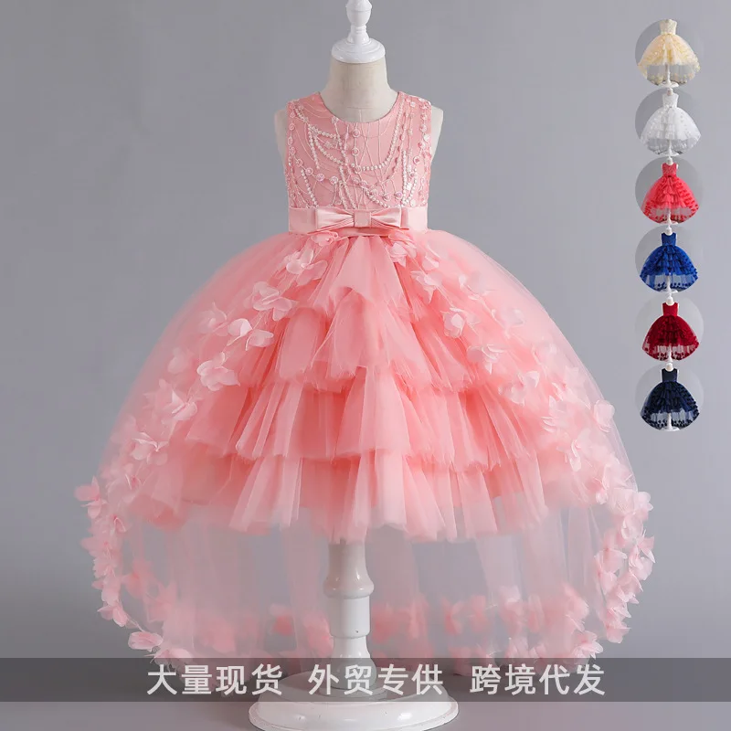 Baby Girls Trailing Dress Princess Party Dress Flower Elegant Wedding Gown Big Bow Birthday Kids Dresses For Girls Children